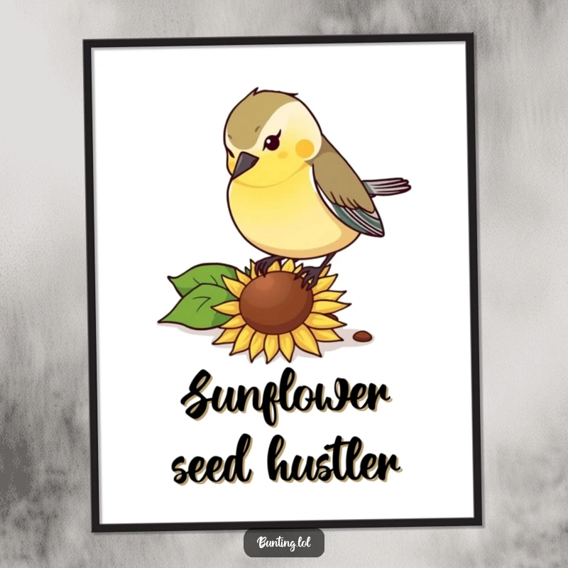 Funny Digital Art Print: Bunting bird pecking with gusto at a sunflower seed, offering instant humorous wall art.