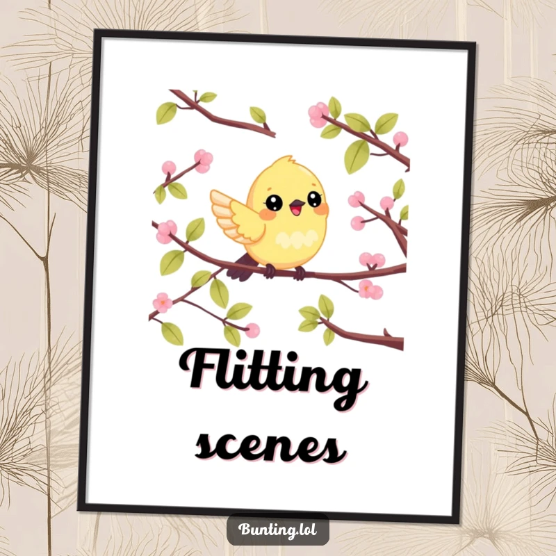 Funny Digital Art Print of a cute bunting bird flitting cheerfully between branches, a vibrant and joyful illustration.