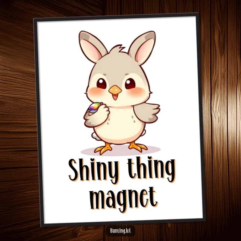 Funny Bunting Digital Art Print showing a bird playfully pecking at a shiny object, perfect for adding humorous and curious decor.