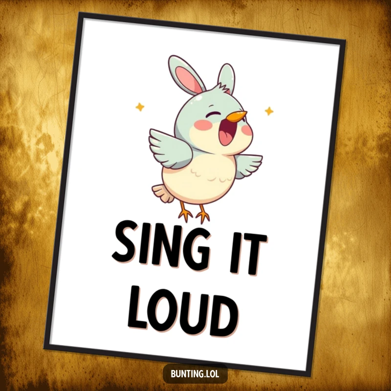 Funny bunting digital art print capturing a cute bird character cheerfully singing with its beak open, conveying happiness and melody.