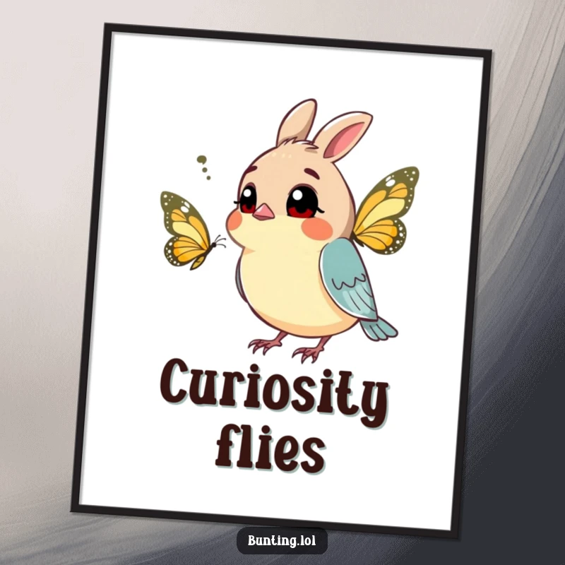 Funny bunting digital art print of a curious bird tilting its head at a butterfly, ideal for thoughtful and humorous decor.