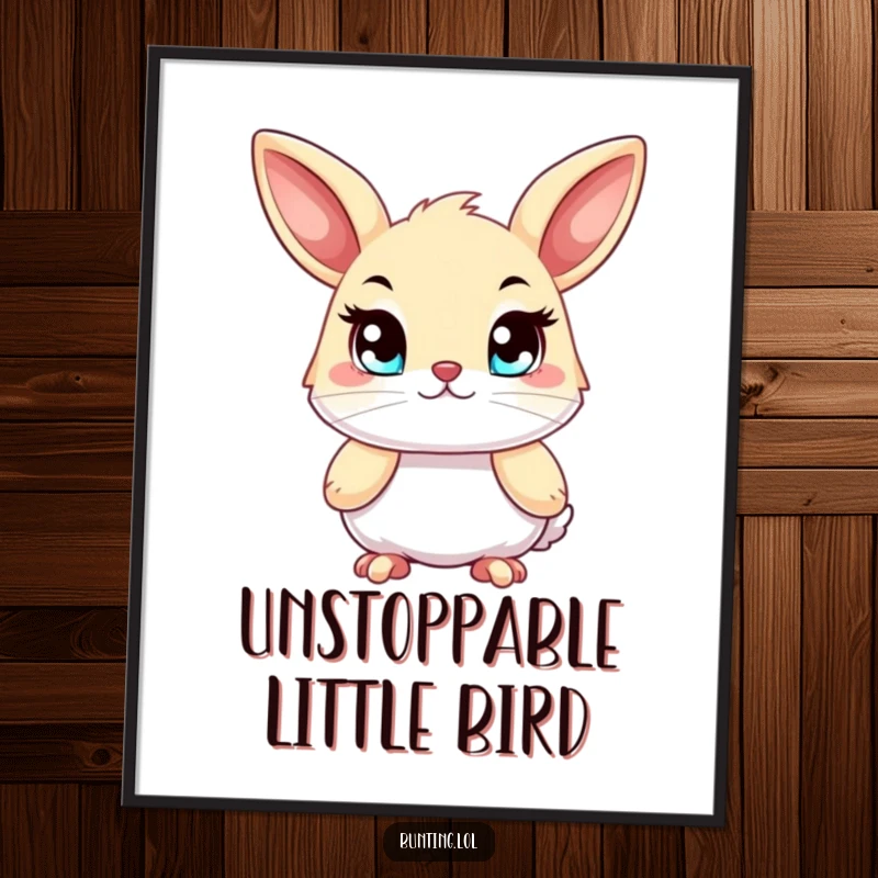 Funny bunting digital art print, showing a bird with bright, determined eyes, ready for instant motivational decoration.