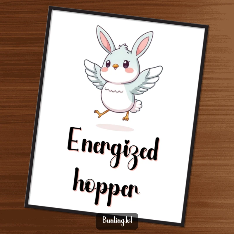 Funny bunting bird captured mid-hop with energetic wing spread, available as a vibrant digital art print.