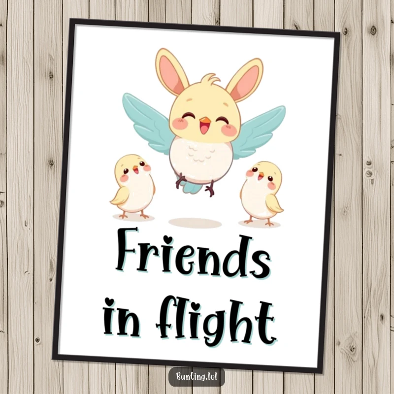 Funny bunting bird joyfully flying towards a gathering of friends, available as a heartwarming digital art print.