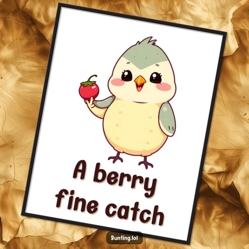 Funny Bunting Digital Art Print of a cute bird proudly holding a tiny berry, full of accomplishment, a delightful and humorous funny gift idea.
