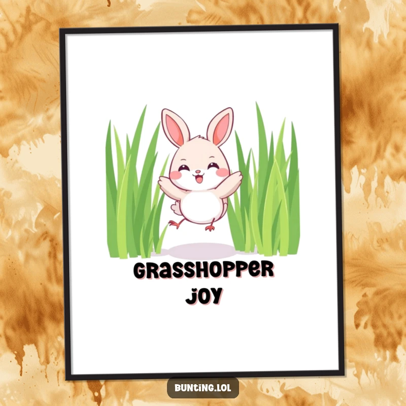 Funny Bunting Digital Art Print showing a cute bird joyfully hopping among tall blades of grass, perfect for adding humorous and happy decor.