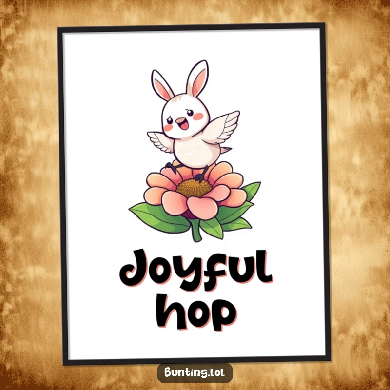 Funny Digital Art Print of a cute bunting character hopping with great energy on a colorful flower, capturing pure dynamism.