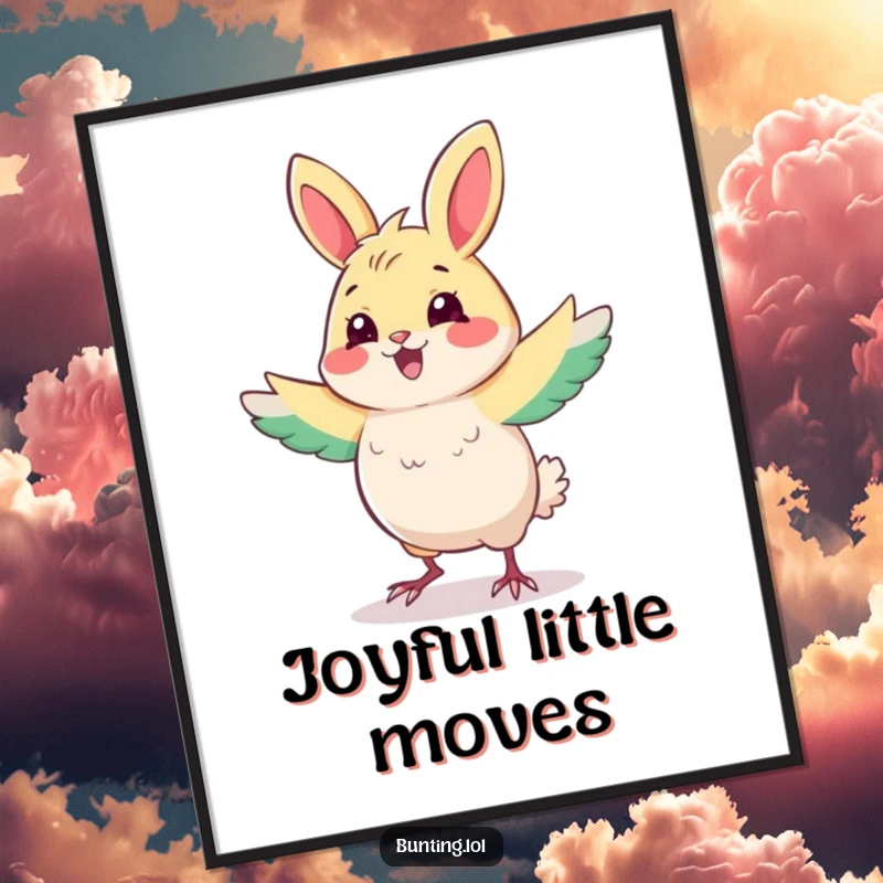 Funny Bunting Digital Art Print of a cute bird in a fun dance, full of energy, a delightful and humorous funny gift idea.