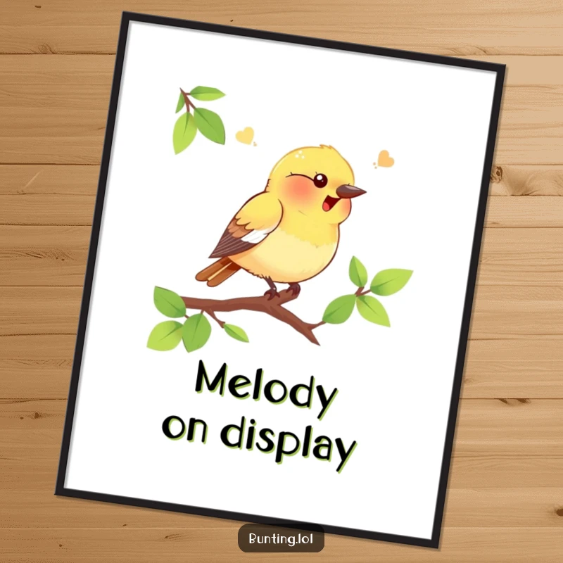 Funny bunting bird digital art print of a happy bird chirping on a branch, bringing instant humor and joy, a perfect funny gift download.