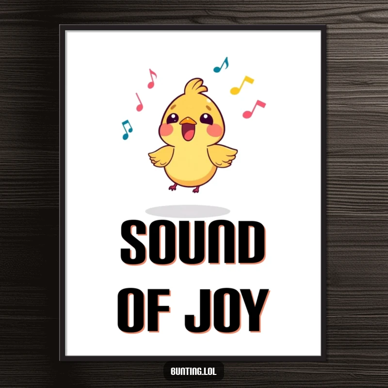 Funny Digital Art Print of a small, vibrant bird character enthusiastically singing with musical notes, offering immediate downloadable cheer.