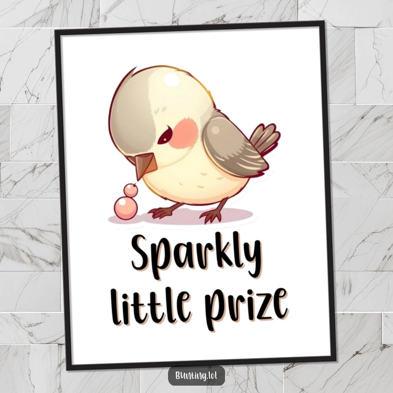 Funny digital art print of a curious bird pecking at a small, shiny bead, perfect for instant humorous decor.