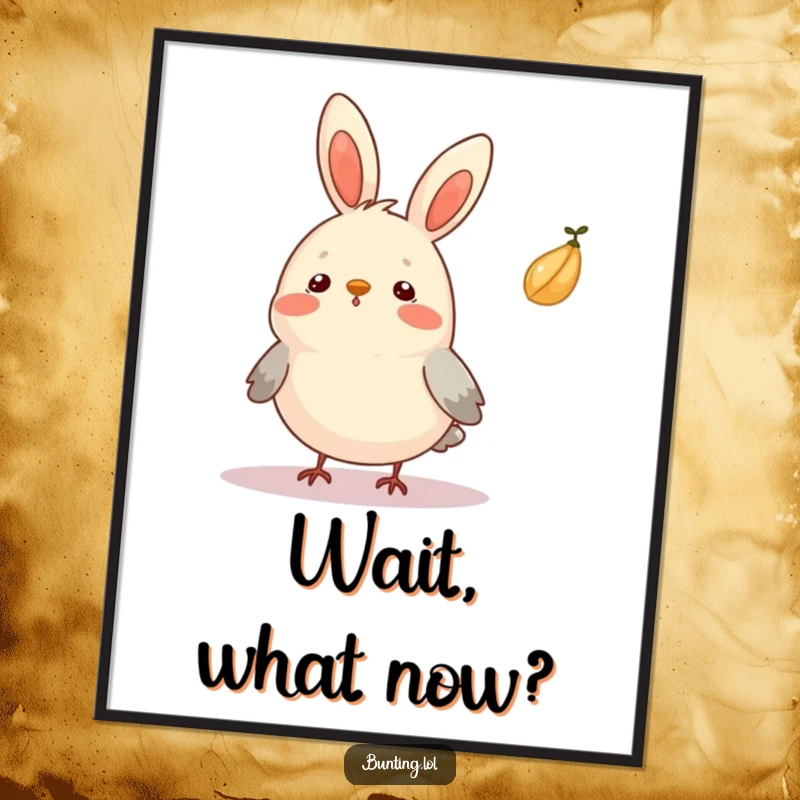 Funny Surprised Bunting Digital Art Print of a bird looking surprised as a seed floats by, perfect for amusing decor.