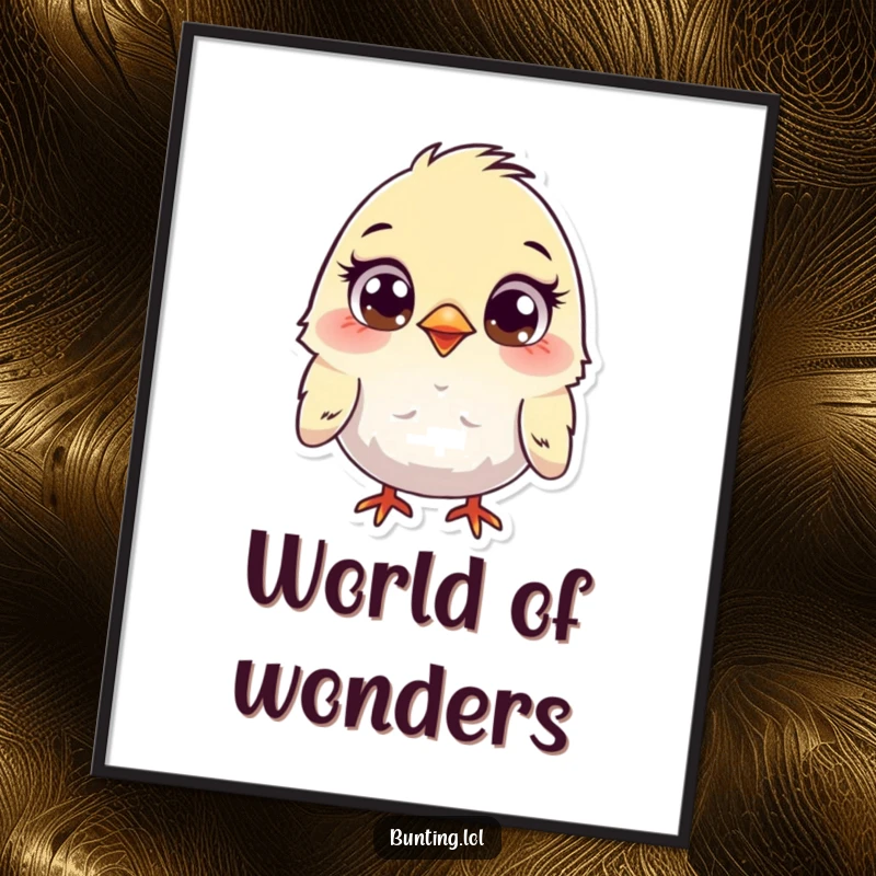 Funny Bunting Digital Art Print of a cute bird with wide, curious eyes, full of wonder, a delightful and humorous funny gift idea.