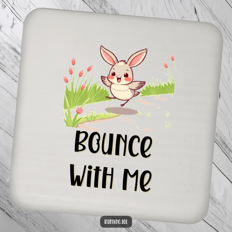 Funny bunting bird coasters featuring a bird hopping on a grassy path, protecting surfaces with humor, an ideal funny gift set.