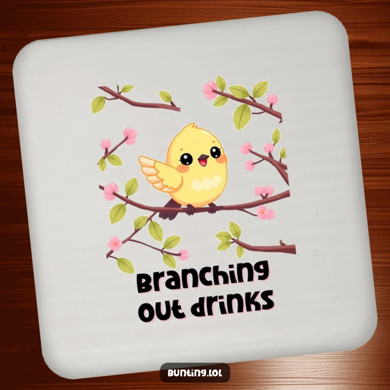 Funny Coaster set with a cute bunting bird cheerfully flitting between branches, adding a decorative and protective touch.