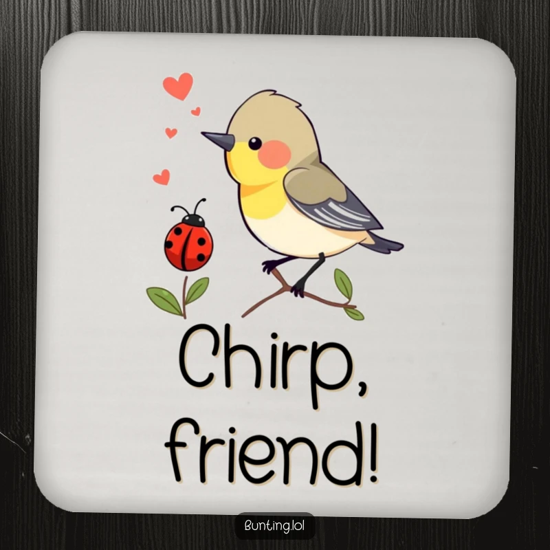 Funny Coaster: Bunting bird chirping with excitement at a passing ladybug, a humorous and charming table accessory.