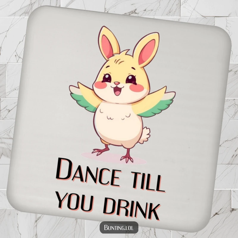 Funny Bunting Coasters featuring a cute bird dancing, adding humor and charm to any table setting, a perfect funny gift.