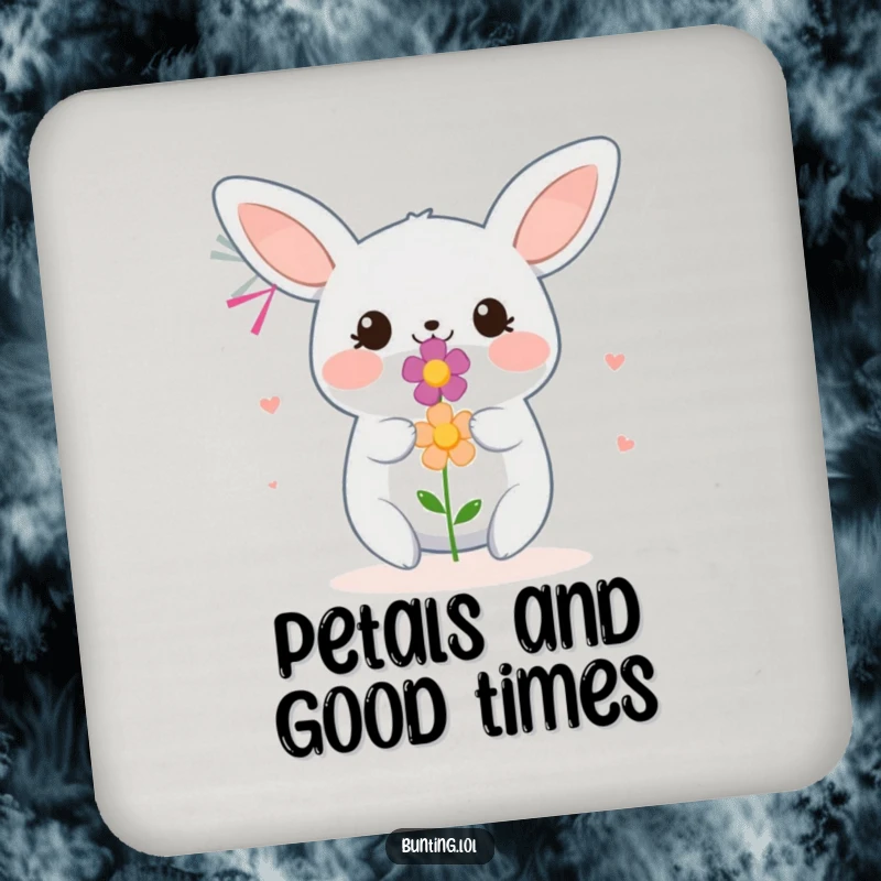 Funny Bunting Coaster depicting a bird smiling and offering a flower, a small piece of charming and humorous drinkware.