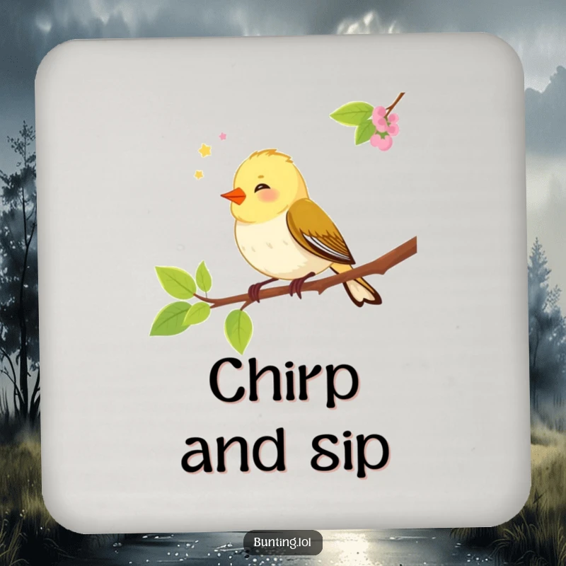 Funny bunting bird coaster set showcasing a cheerful songbird chirping on a branch, protecting furniture with humor.