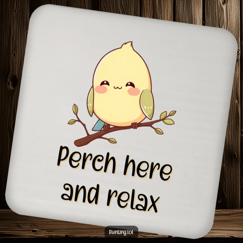 Funny bunting bird coasters featuring a character perched contentedly on a branch with a smile, adding peaceful charm.