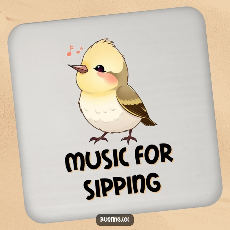 Funny bunting bird coasters featuring a bird tilting its head, listening, protecting surfaces with humor, an ideal funny gift set.