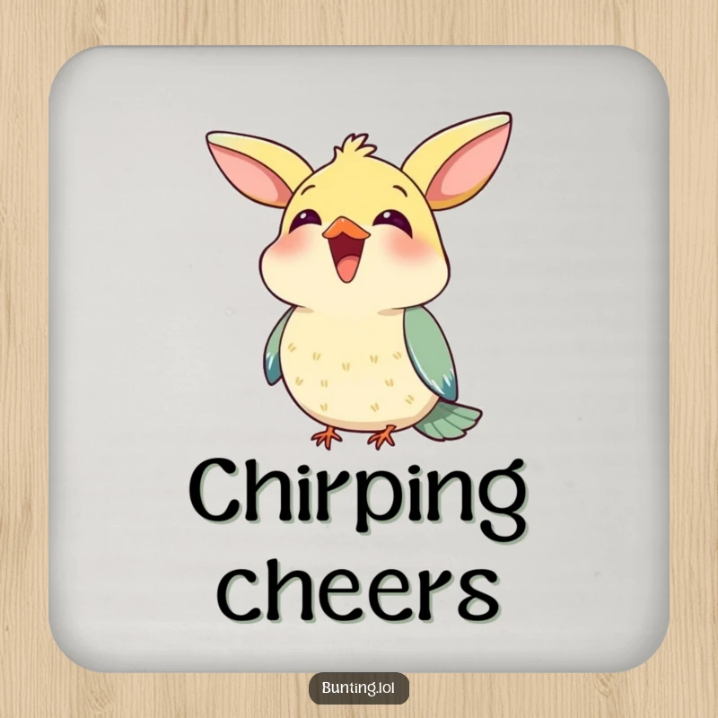 Funny Coaster set with a cute bunting bird happily chirping with its beak open, adding a decorative and protective touch.