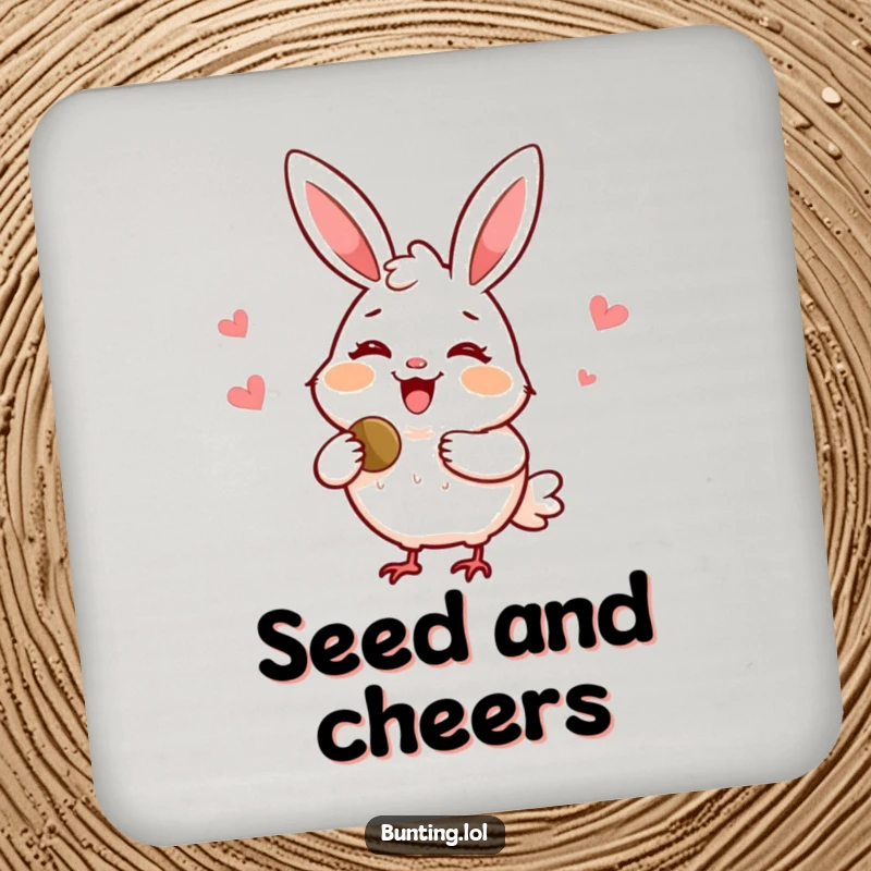 Funny bunting drink coaster with a delighted bird smiling and sharing a seed, adding a touch of cheerful humor.