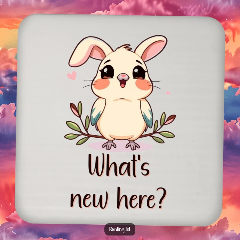 Funny bunting coaster with a bird tilting its head, observing something new, adding a touch of curious humor to surfaces.