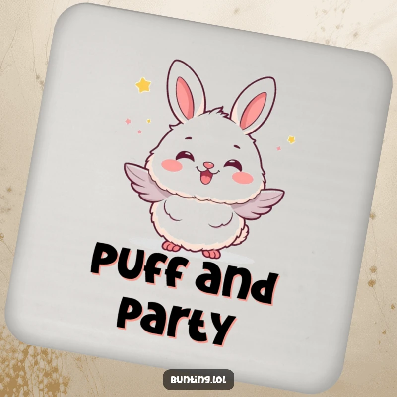 Funny bunting bird coaster set showing a bunting puffed up with fluffy excitement, protecting surfaces with joyful art.