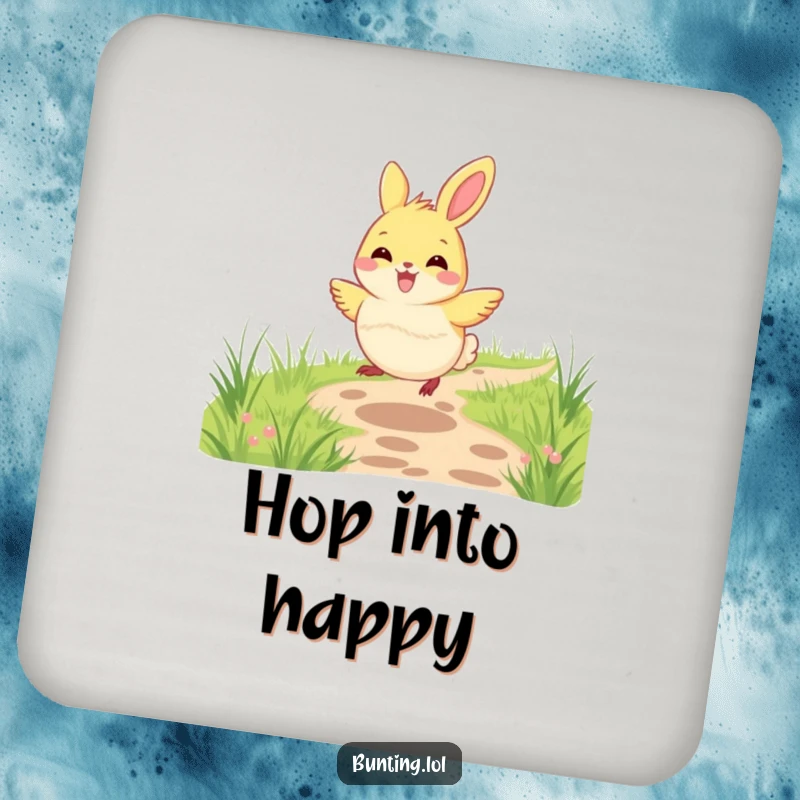 Funny bunting bird coaster set showing a bunting joyfully hopping along a grassy path, protecting surfaces with cheerful art.