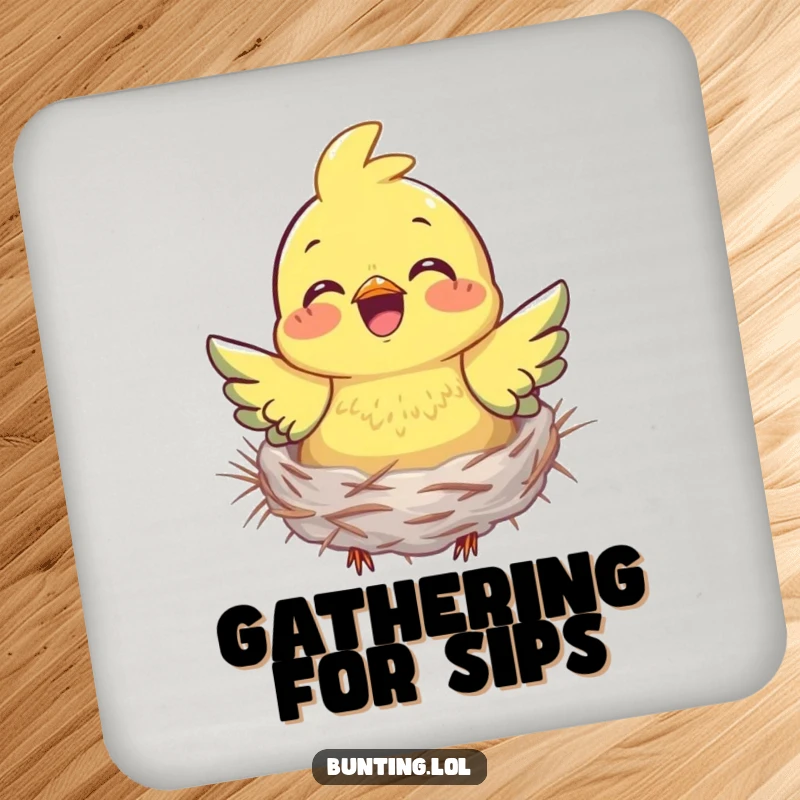 Funny bunting coaster with a bird gathering nesting material with joy, adding cheerful humor to surfaces.