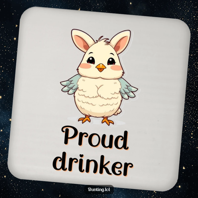 Funny bunting bird drink coaster, humorously fluffing its chest feathers with pride, adding a confident touch to drink service.
