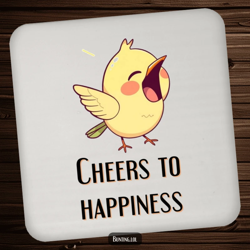 Funny bunting drink coasters, depicting a happy bird singing with its beak open, perfect for tables and cheerful vibes.