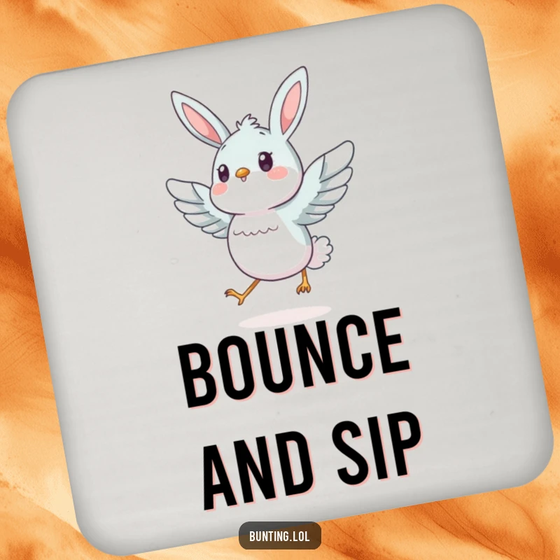 Funny bunting bird energetically hopping with spread wings, featured as a protective and fun drink coaster.