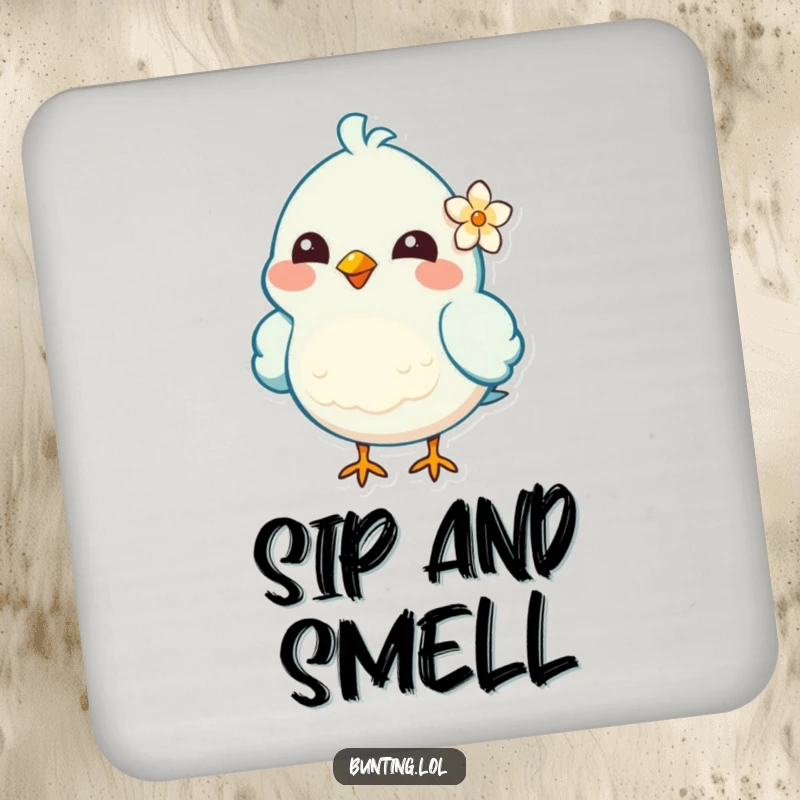 Funny Drink Coaster featuring a cheerful bird character with a flower behind its ear, adding a sweet and humorous flair.