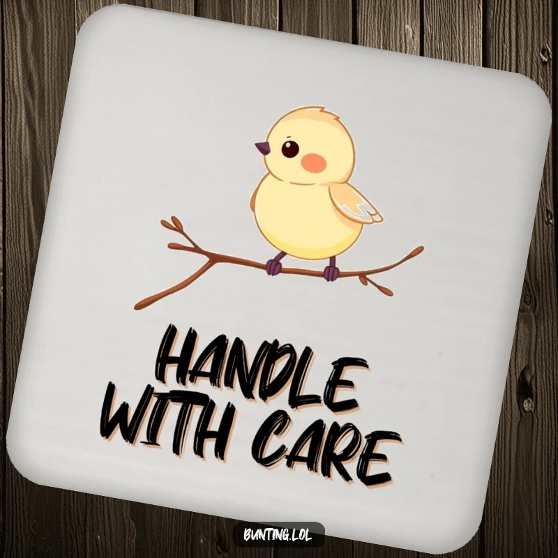 Funny Bunting Drink Coaster featuring a bird hopping on a twig, adding humor to tabletops.
