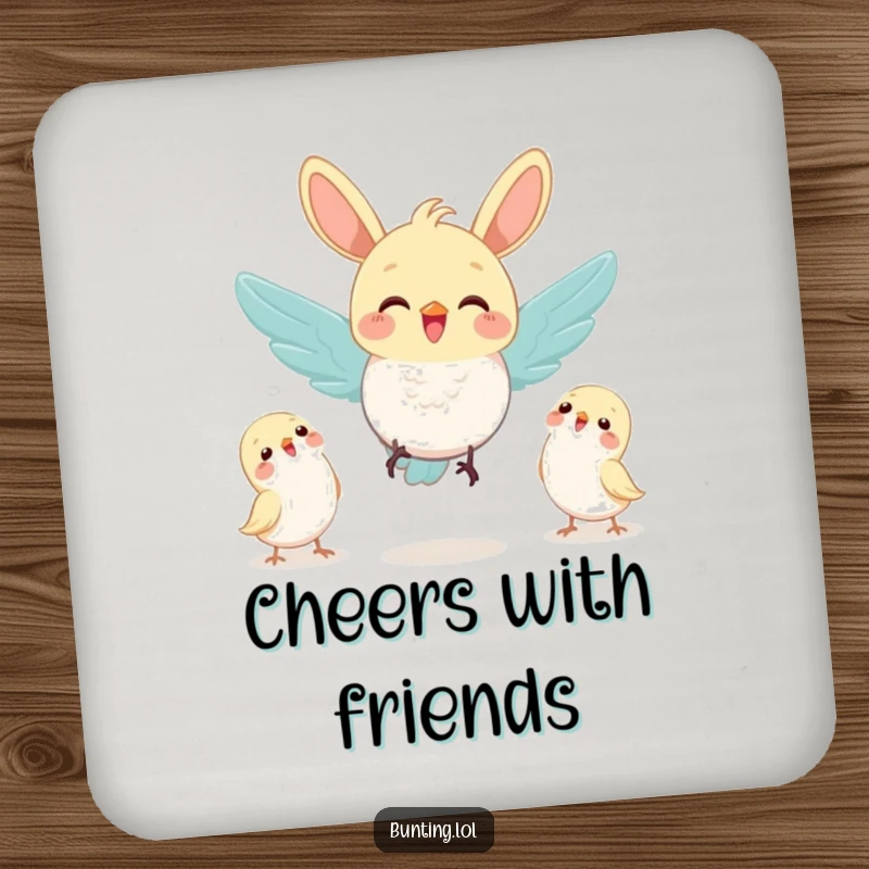 Funny bunting bird joyfully flying towards a group of friends, featured as a protective and charming drink coaster.