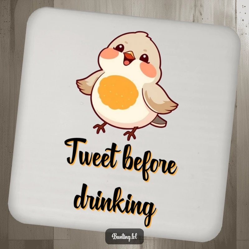 Funny drink coaster featuring a small bird with a bright orange chest, joyfully chirping, protecting furniture with a humorous touch.
