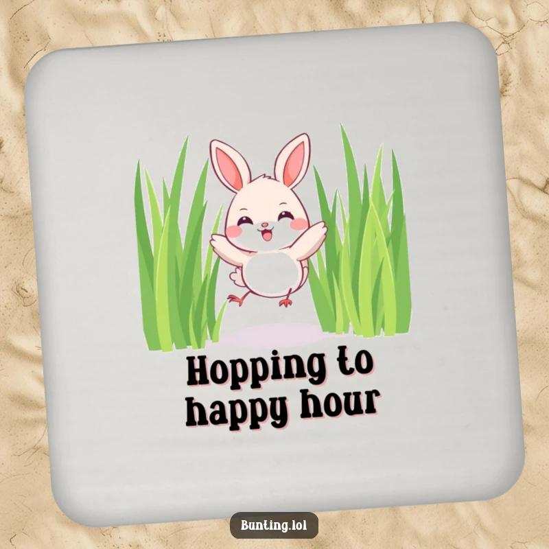 Funny Bunting Coasters (Set of 4) featuring a cute bird joyfully hopping among tall blades of grass, adding humor and protection.