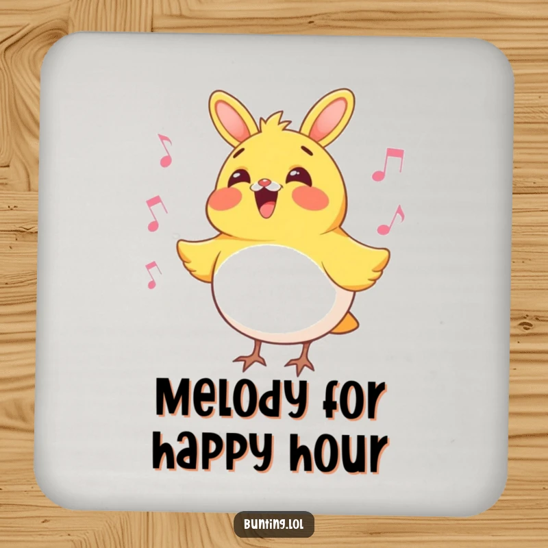 Funny bunting bird coaster featuring a cheerful bunting character singing, adding a humorous musical note to beverage service and table protection.