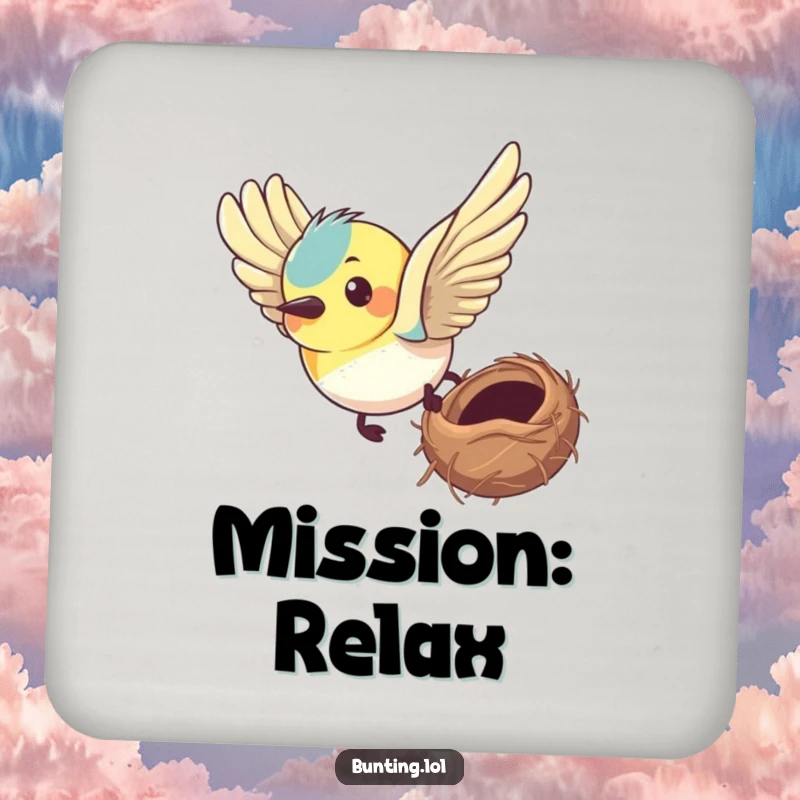 Funny bunting coaster with a bird with a determined expression flying towards its nest, adding focused humor to surfaces.