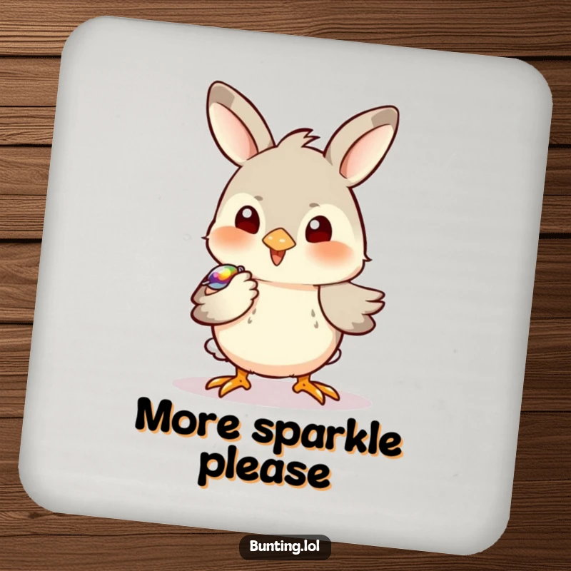 Funny Bunting Coasters (Set of 4) featuring a bird playfully pecking at a shiny object, adding humor and protection.