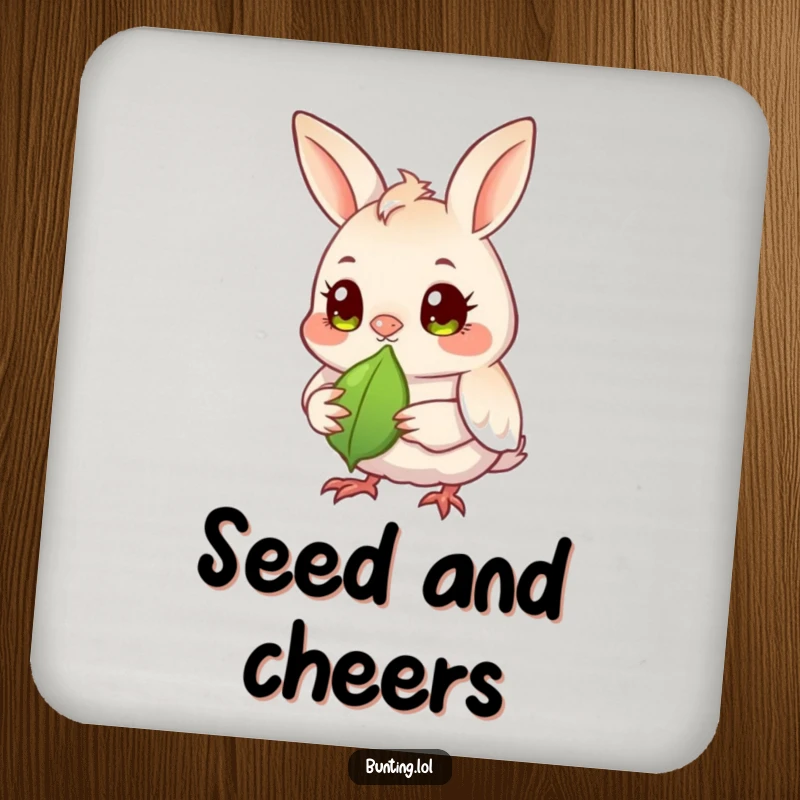 Funny bunting bird coaster set showing a bunting with bright eyes observing a seed, protecting surfaces with humor.