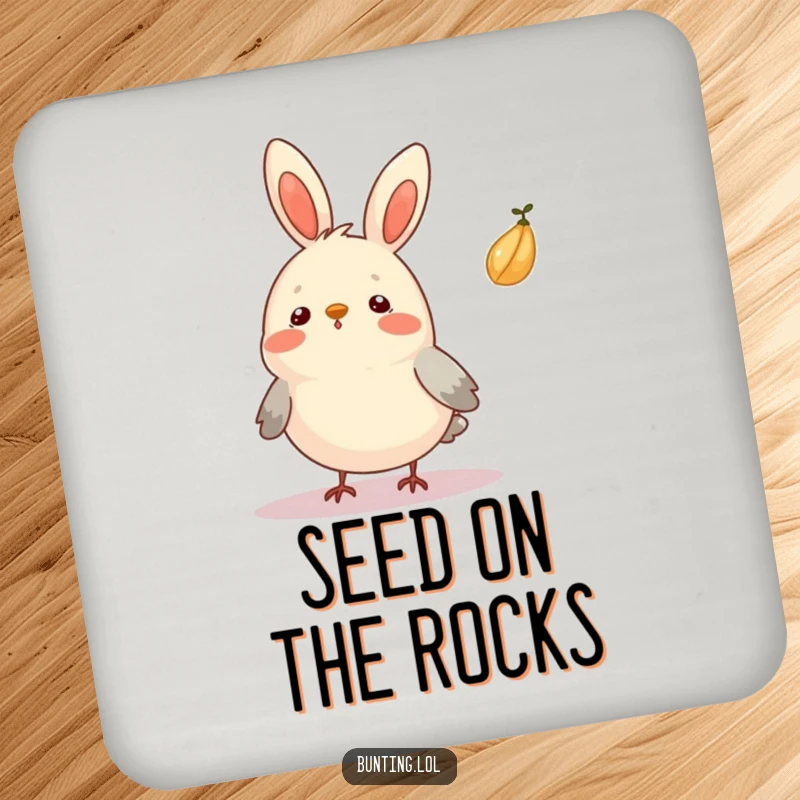 Funny Bunting Drink Coaster featuring a bird looking surprised as a seed floats by, adding amusing humor.
