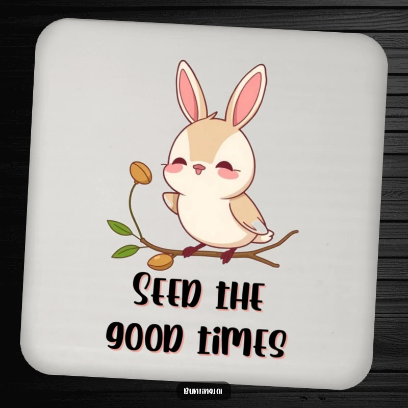 Funny bunting bird coasters featuring a character tilting its head curiously towards a seed, adding charm.