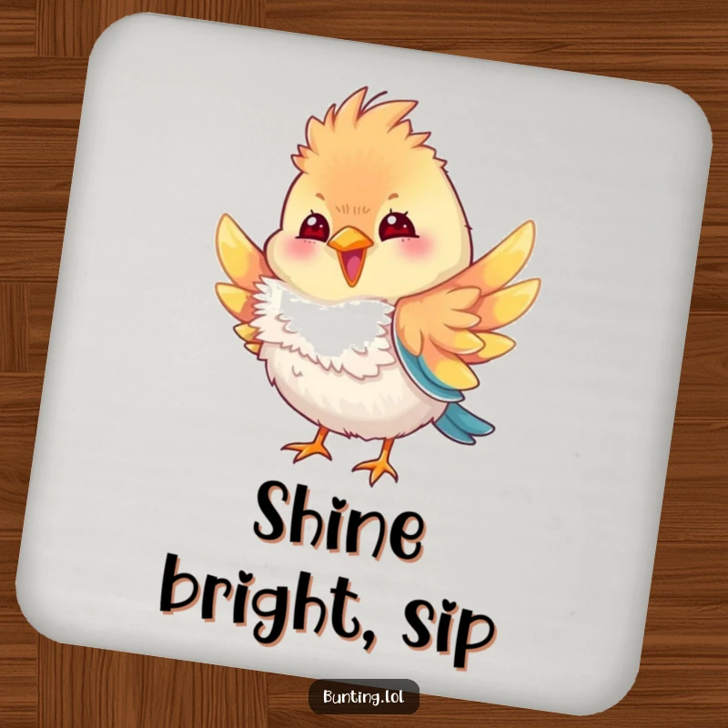 Funny bunting bird coaster featuring a bunting character playfully fluffing its colorful feathers, adding a humorous touch of avian style and surface protection.