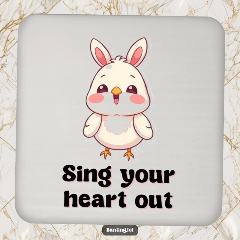 Funny bunting bird character singing with its beak open, on a drink coaster, offering protection with a musical flair.