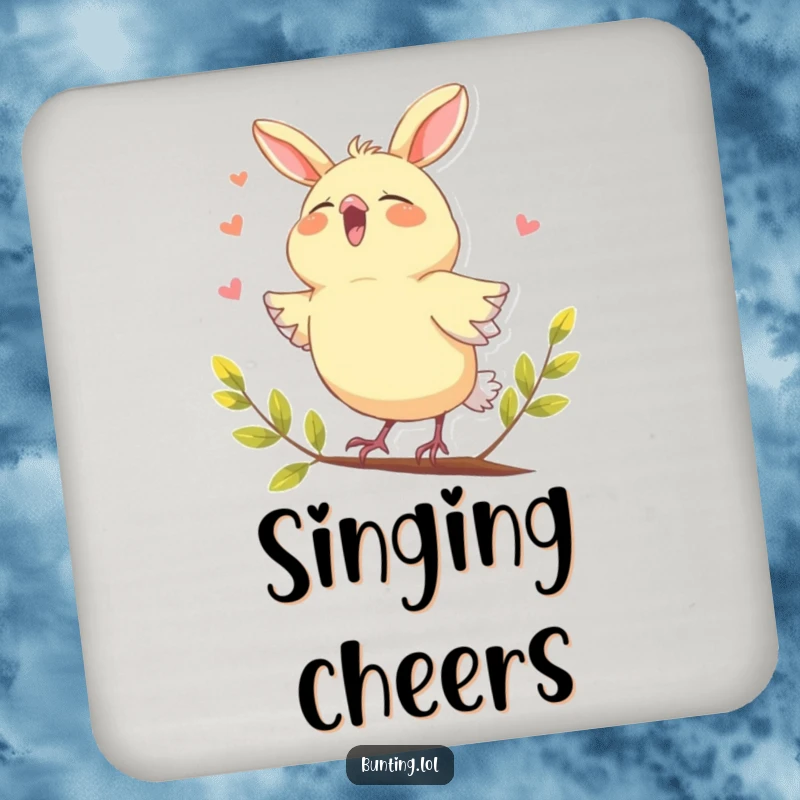 Funny bunting bird drink coaster, humorously depicted joyfully singing with its beak open, adding a musical touch to drink service.