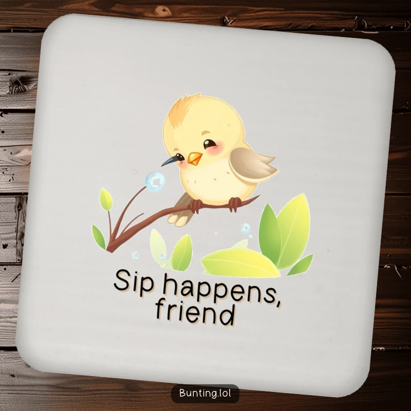 Funny Coaster showcasing a bunting bird's funny attempt to peck a dewdrop, adding a humorous touch to any drink.