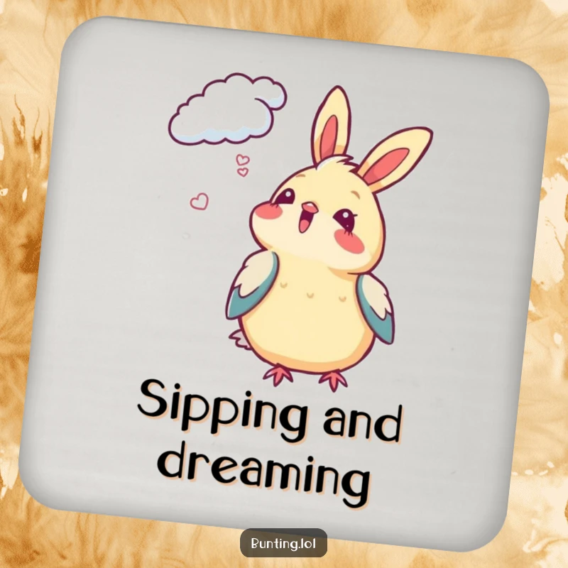 Funny Bunting Coaster depicting a bird gazing at clouds, a small piece of humorous and delightful drinkware accessory.